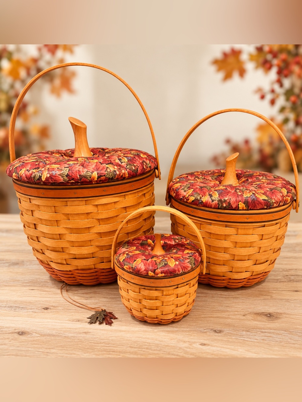 Vintage Longaberger 1995 Pumpkin Basket Set of 3 With Liners Lids & Leaf Charm